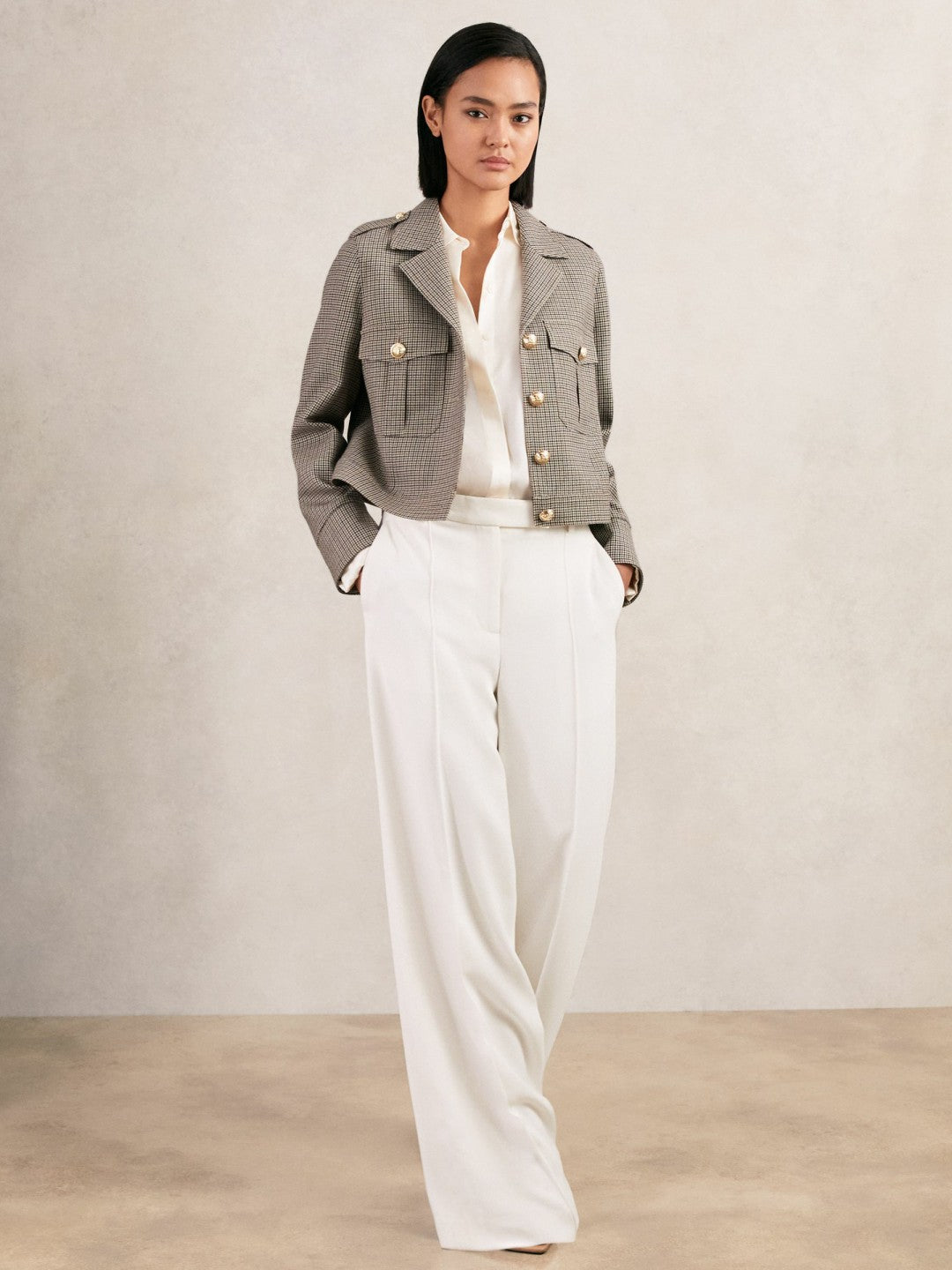 Reiss Wool Twin-Pocket Cropped Jacket in Neutral Check