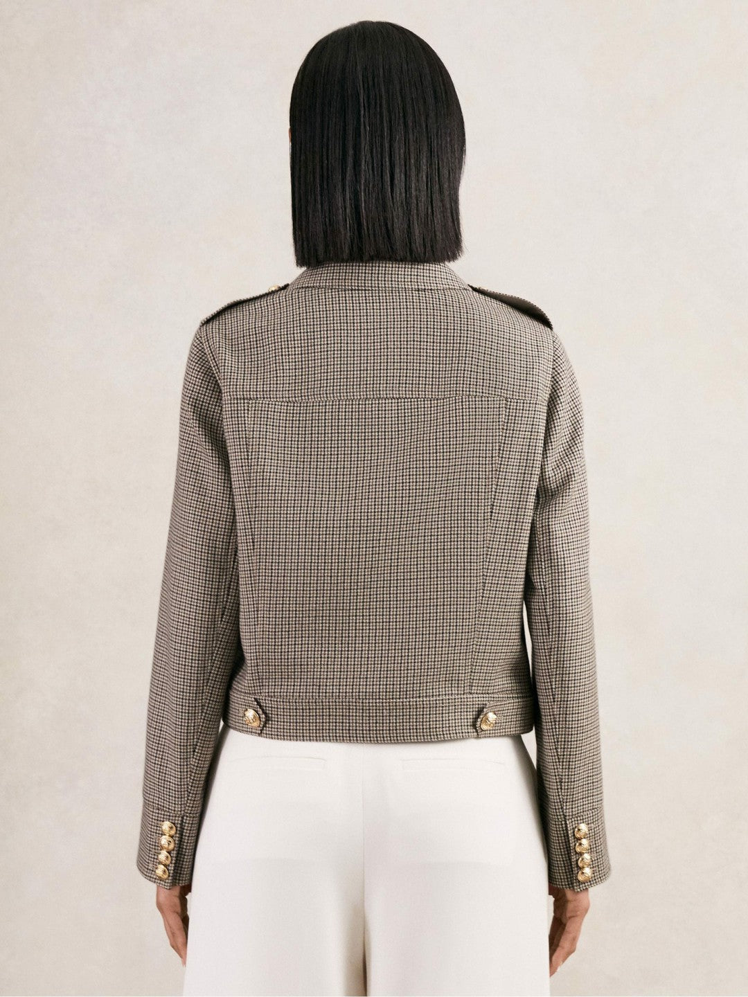 Reiss Wool Twin-Pocket Cropped Jacket in Neutral Check