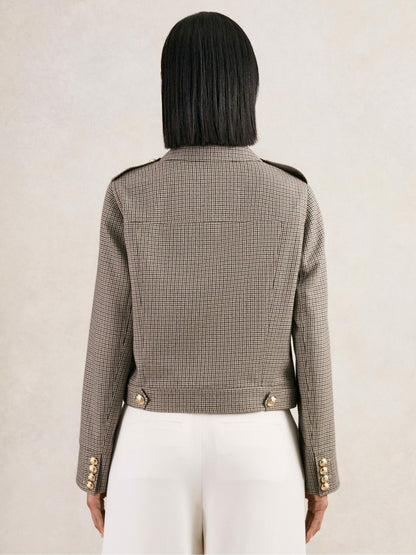 Reiss Wool Twin-Pocket Cropped Jacket in Neutral Check