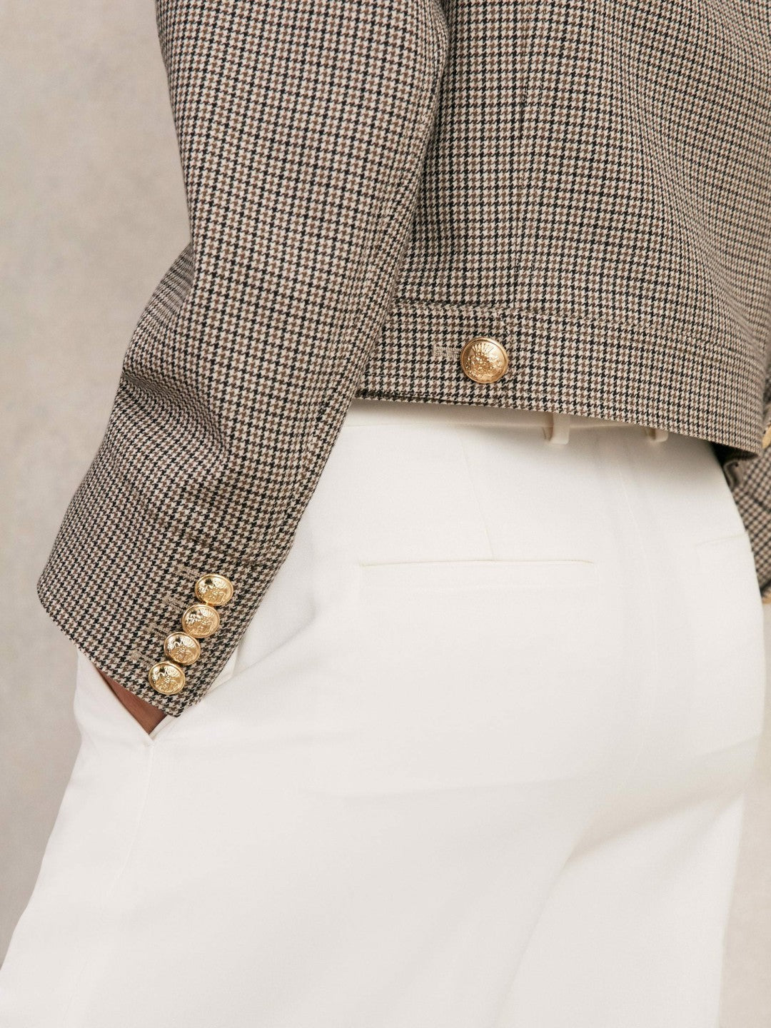 Reiss Wool Twin-Pocket Cropped Jacket in Neutral Check