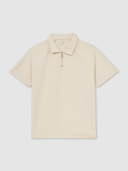 Reiss Textured Raglan Half-Zip Polo Shirt in Stone