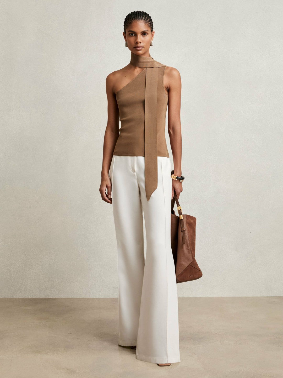 Reiss One Shoulder Scarf Top in Taupe Neutral