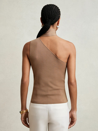 Reiss One Shoulder Scarf Top in Taupe Neutral