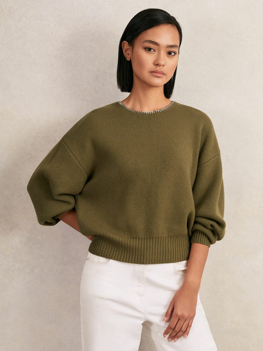 Reiss Wool-Blend Necklace-Trim Jumper with Cashmere in Sage Green