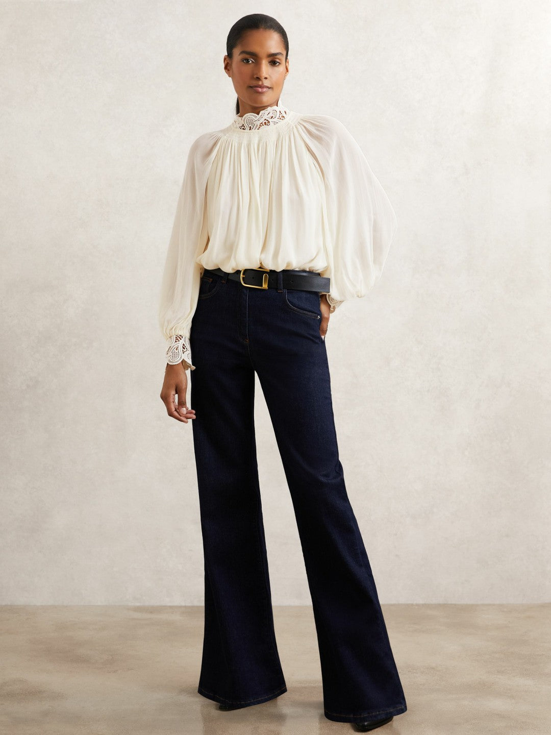 Reiss Lace-Trim Draped Chiffon Top in Cream