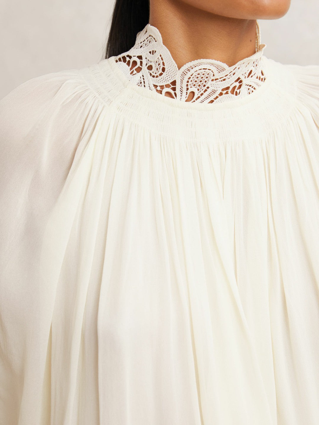 Reiss Lace-Trim Draped Chiffon Top in Cream