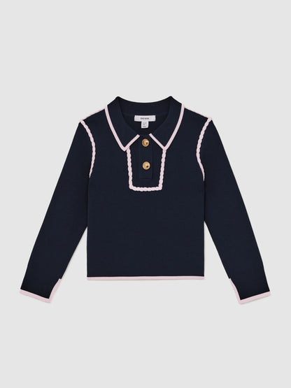 Reiss 13-14 yrs Piped Knitted Collar Top in Navy