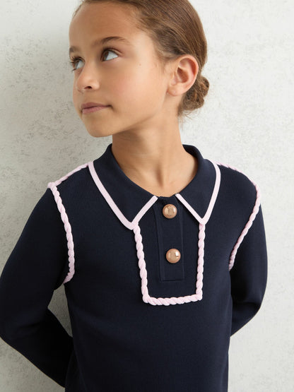 Reiss 13-14 yrs Piped Knitted Collar Top in Navy
