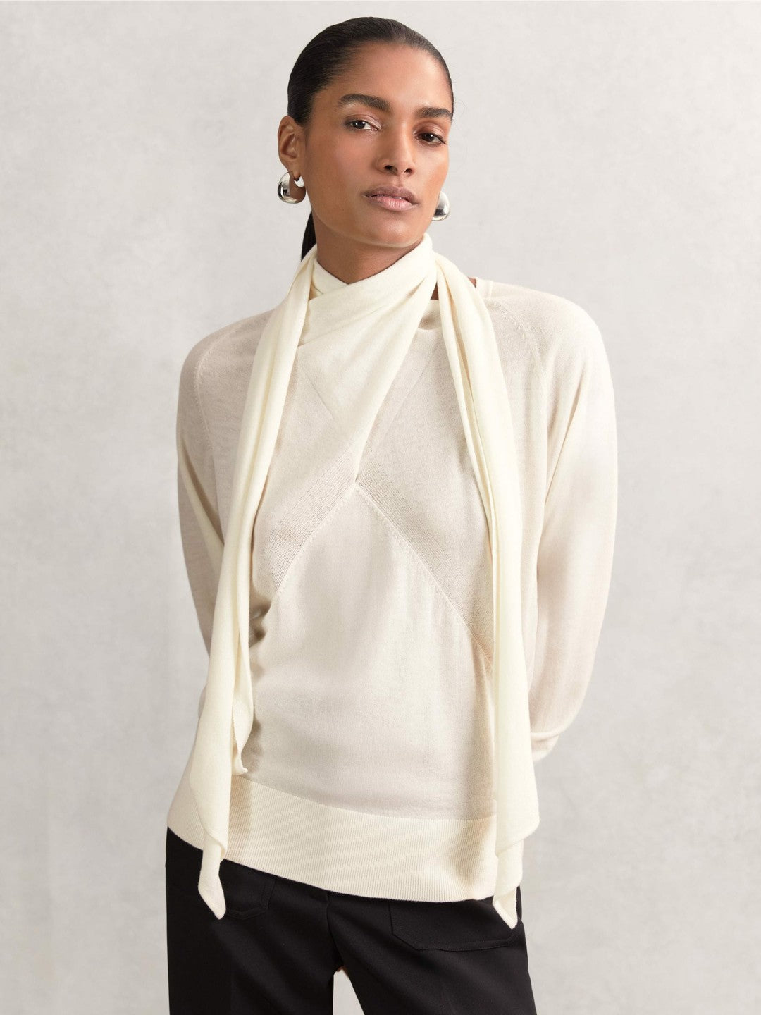 Reiss Wool Scarf-Tie Draped Jumper in Cream