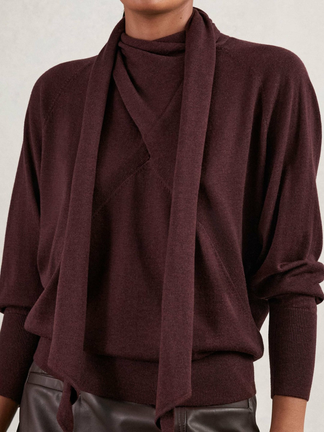 Reiss Wool Scarf-Tie Draped Jumper in Burgundy
