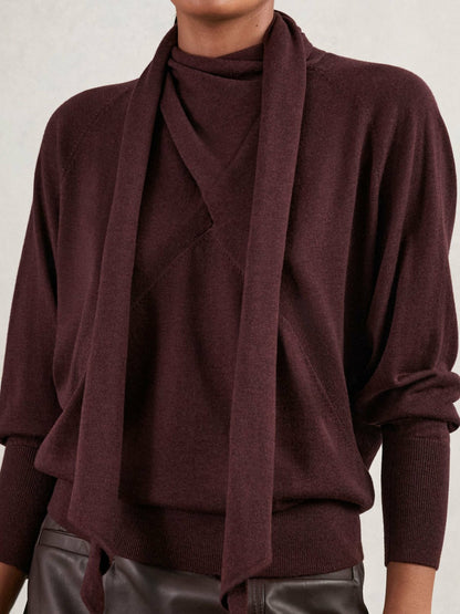 Reiss Wool Scarf-Tie Draped Jumper in Burgundy