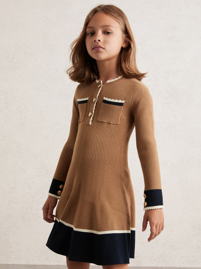 Reiss 3-9 yrs Scallop-Trim Rib-Knit Dress in Camel