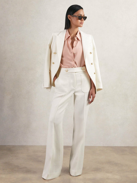 Reiss Twill Button-Tab Flared Trousers With Wool in White