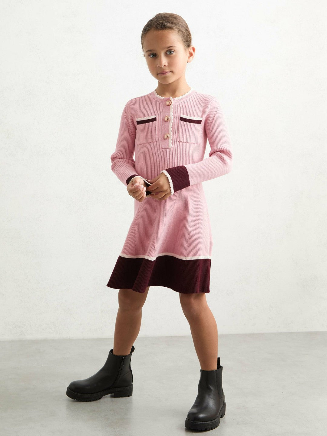 Reiss 3-9 yrs Scallop-Trim Rib-Knit Dress in Pink