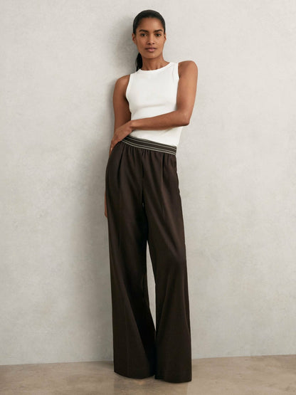 Reiss Wide-Leg Contrast-Waistband Trousers in Chocolate Brown