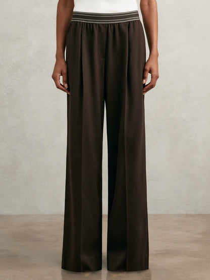 Reiss Wide-Leg Contrast-Waistband Trousers in Chocolate Brown