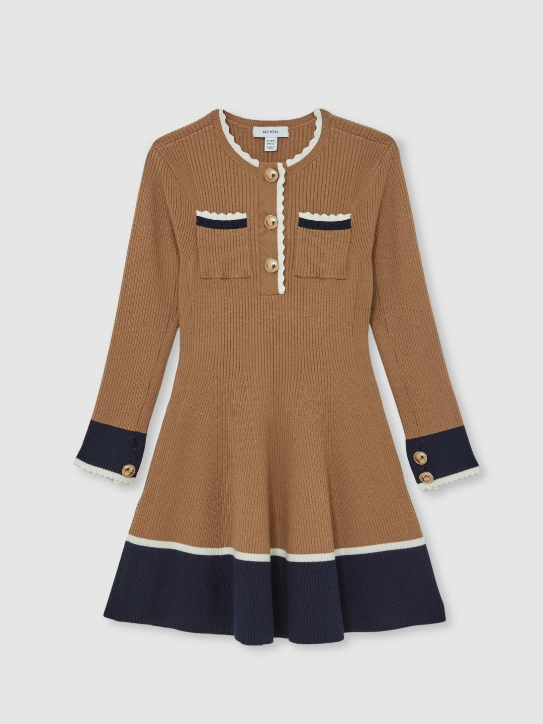 Reiss 13-14 yrs Scallop-Trim Rib-Knit Dress in Camel