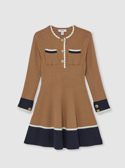 Reiss 13-14 yrs Scallop-Trim Rib-Knit Dress in Camel