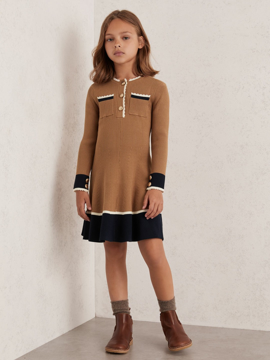Reiss 13-14 yrs Scallop-Trim Rib-Knit Dress in Camel