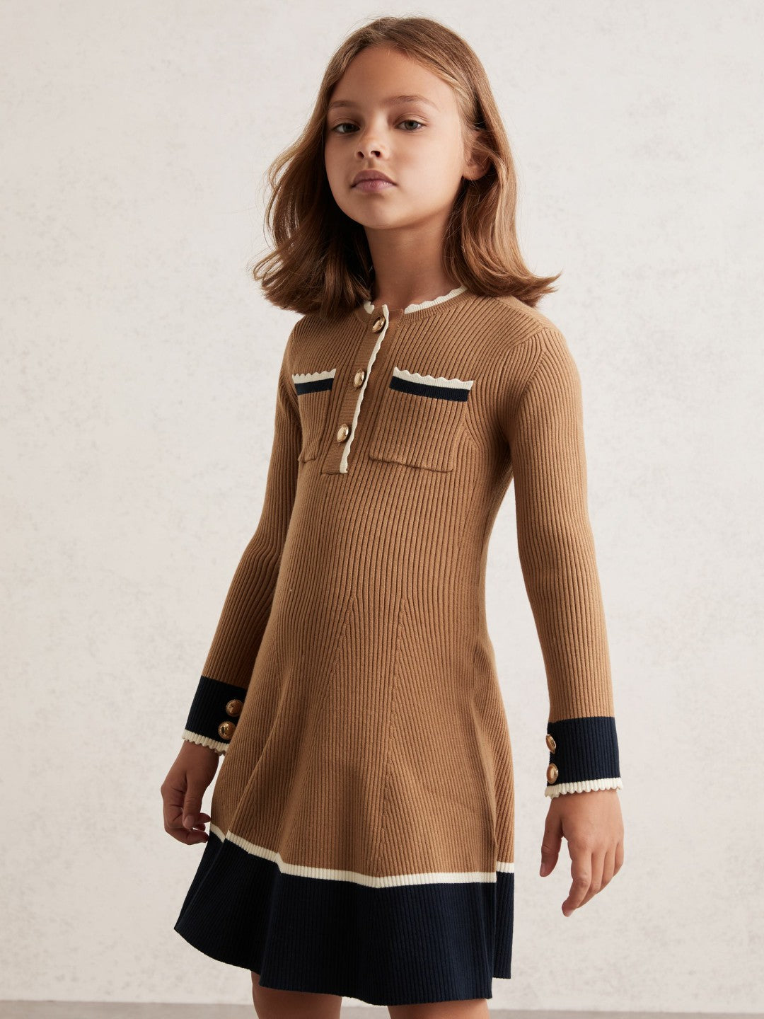 Reiss 13-14 yrs Scallop-Trim Rib-Knit Dress in Camel