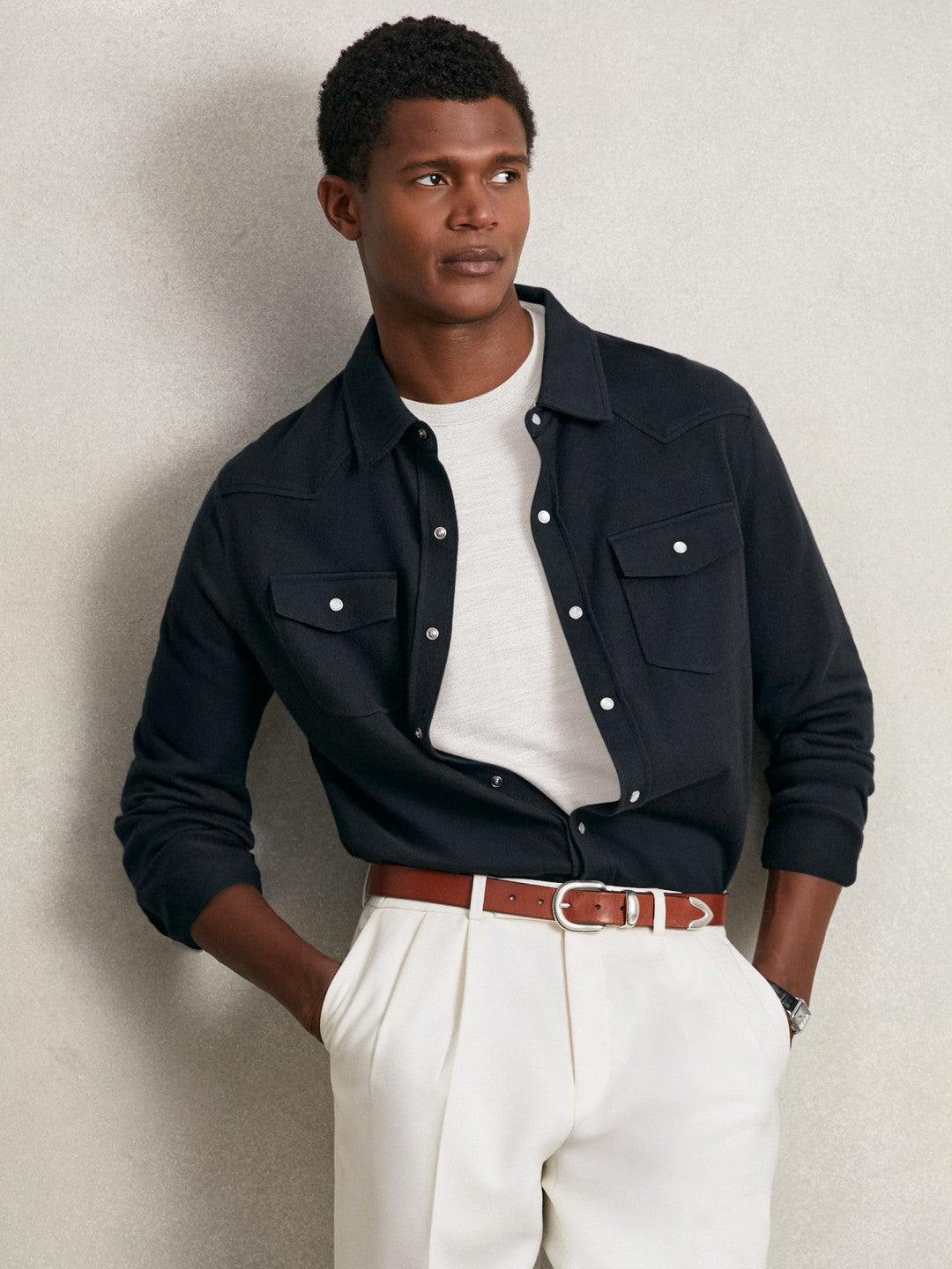 Reiss Cotton-Cashmere Western Knitted Shirt in Navy