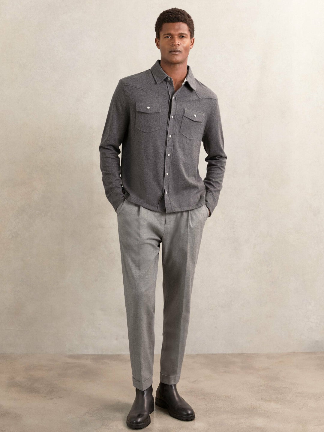 Reiss Cotton-Cashmere Western Knitted Shirt in Charcoal Grey