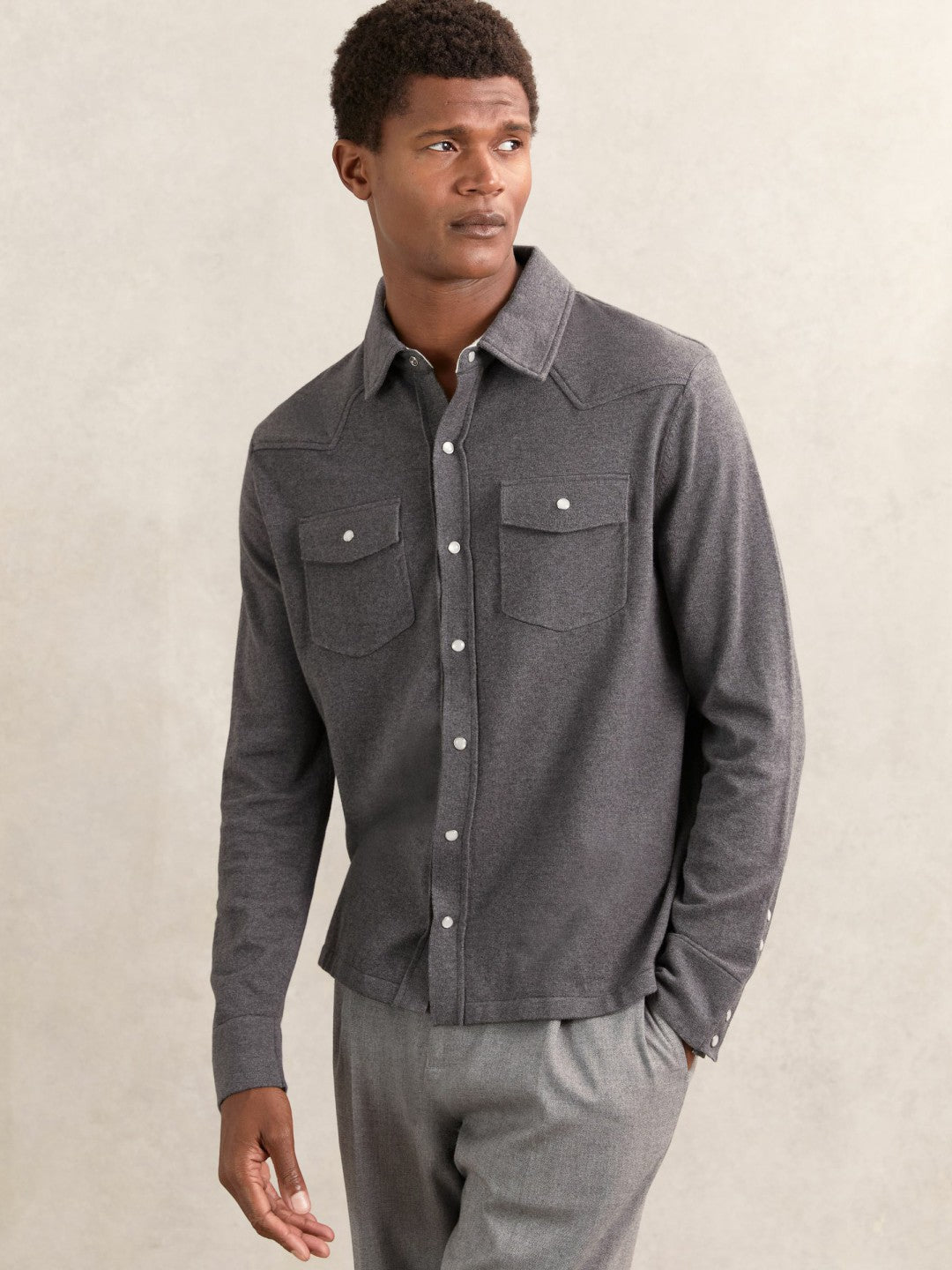 Reiss Cotton-Cashmere Western Knitted Shirt in Charcoal Grey