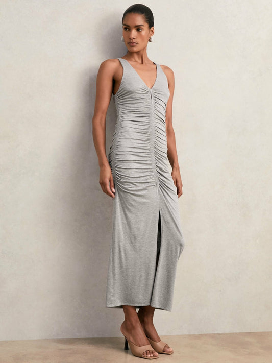 Reiss Stretch-Modal Ruched Jersey Dress in Grey