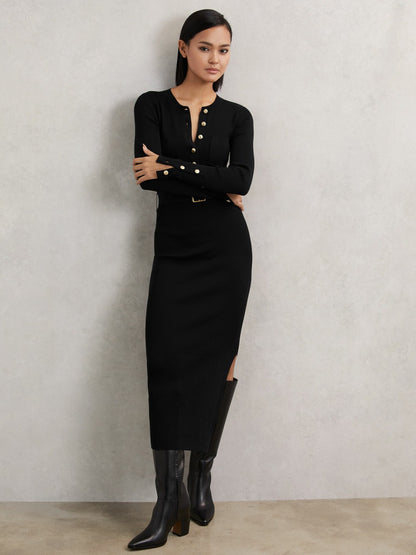 Reiss Buttoned Rib-Knit Midi Dress in Black