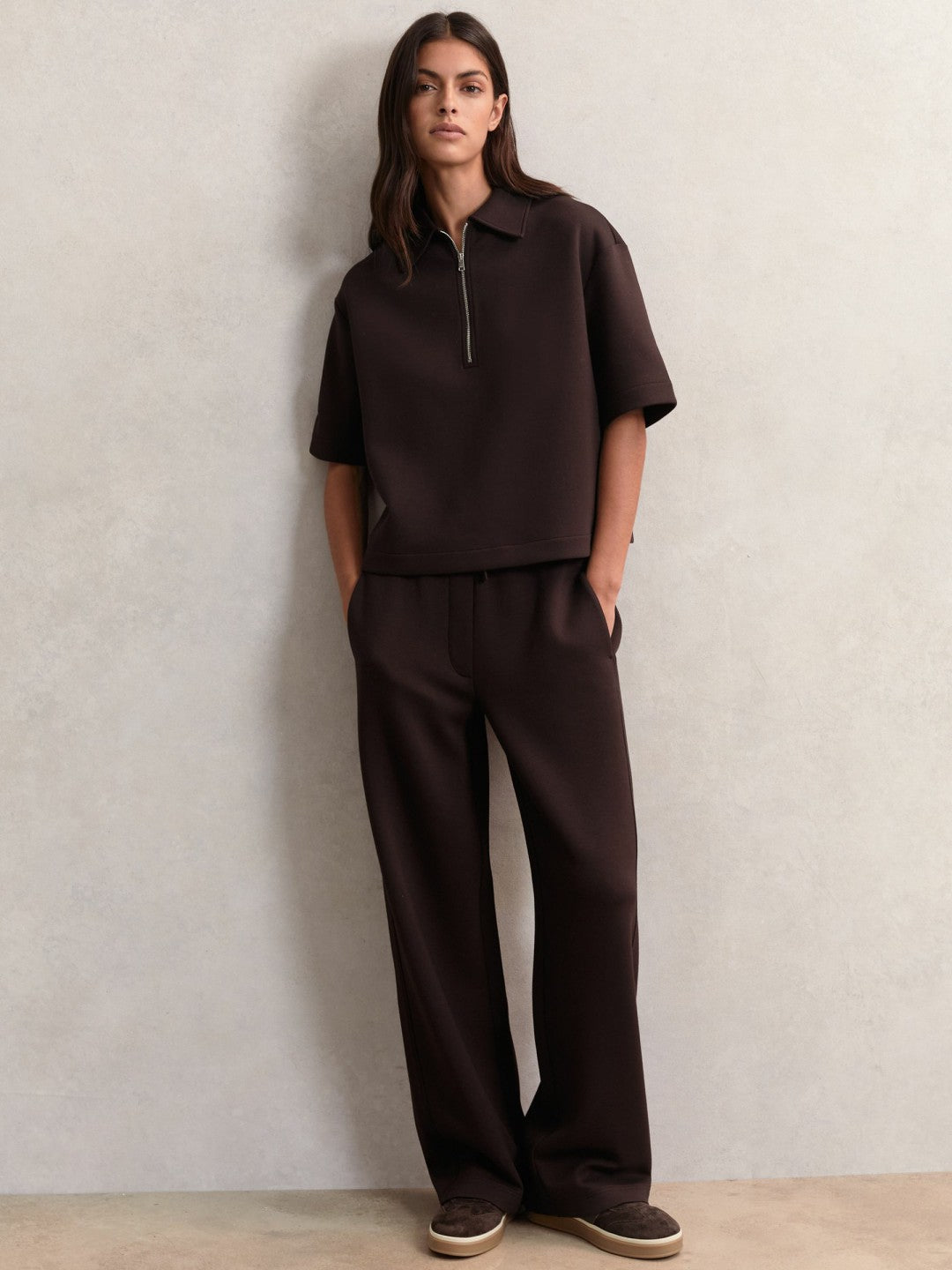 Reiss Short-Sleeve Half-Zip Sweatshirt in Plum Purple