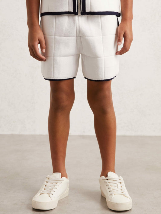 Reiss Tipped Knit Stitch-Detail Shorts in White/Navy