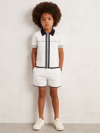 Reiss Tipped Knit Stitch-Detail Shorts in White/Navy