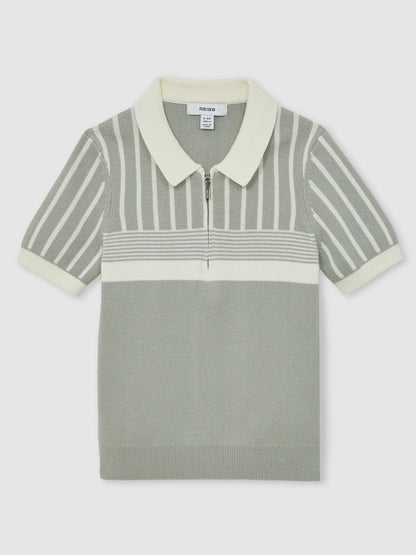 Reiss 3-9 yrs Cotton Stripe Knit Half-Zip Polo Shirt in Sage Green/Off White
