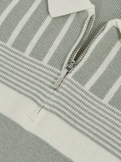 Reiss 3-9 yrs Cotton Stripe Knit Half-Zip Polo Shirt in Sage Green/Off White