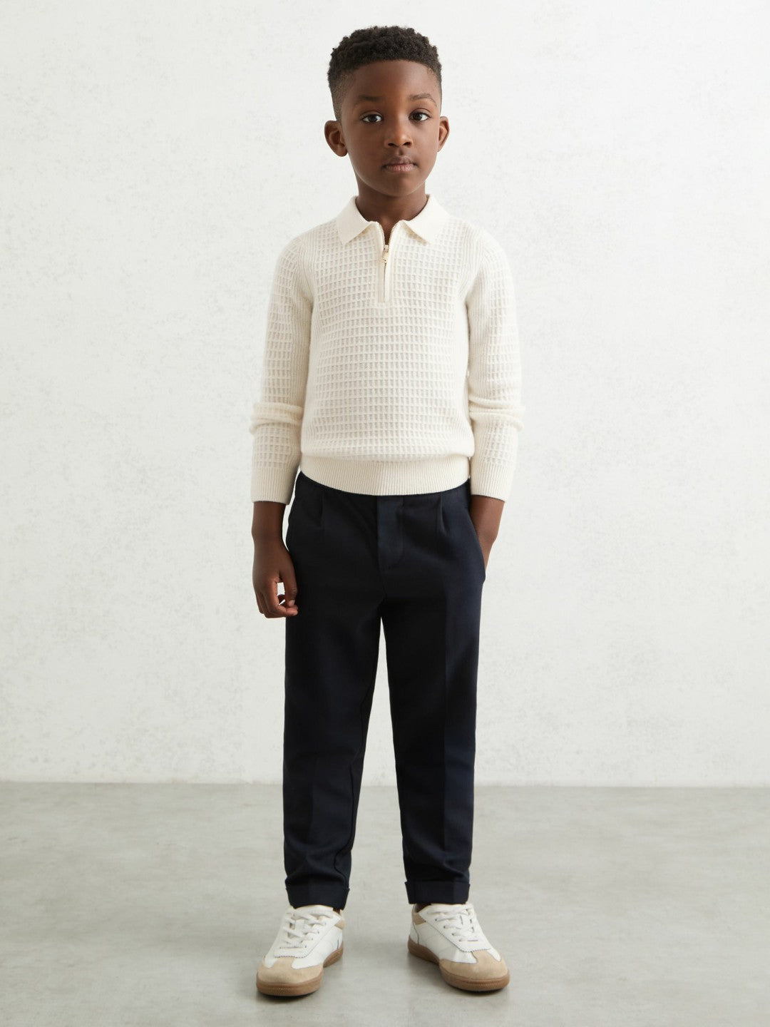 Reiss 9-13 yrs Wool Waffle-Knit Half-Zip Polo Shirt in Off White