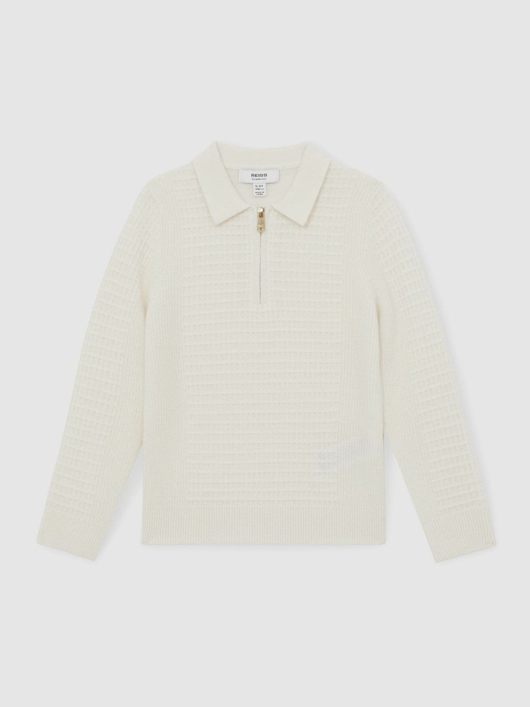 Reiss 9-13 yrs Wool Waffle-Knit Half-Zip Polo Shirt in Off White