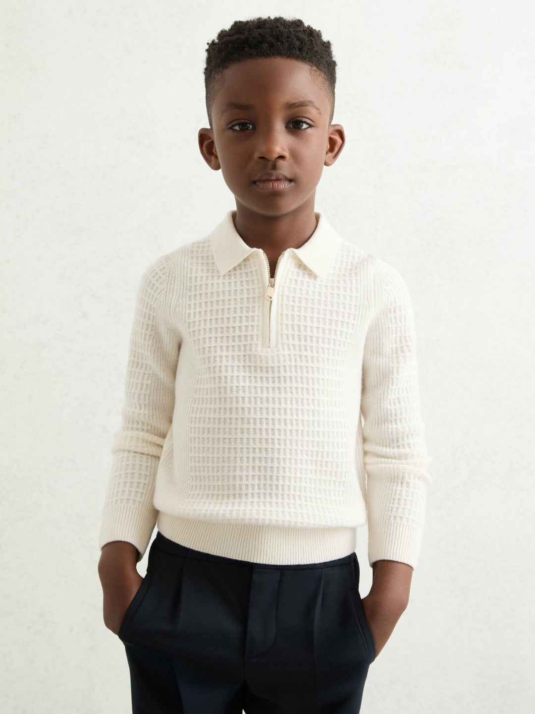 Reiss 9-13 yrs Wool Waffle-Knit Half-Zip Polo Shirt in Off White