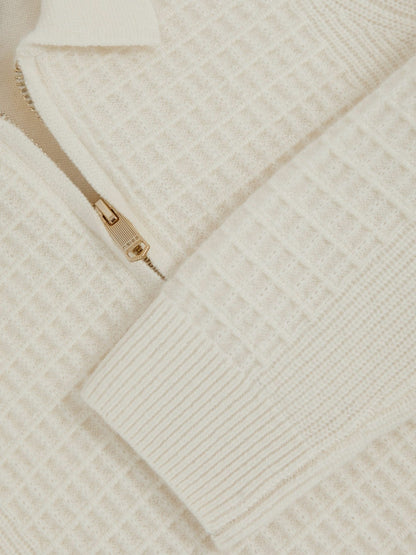 Reiss 9-13 yrs Wool Waffle-Knit Half-Zip Polo Shirt in Off White