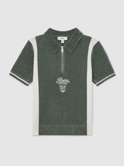 Reiss 3-9 yrs Chenille Tipped Motor Cars Polo Shirt in Dark Sage Green/White