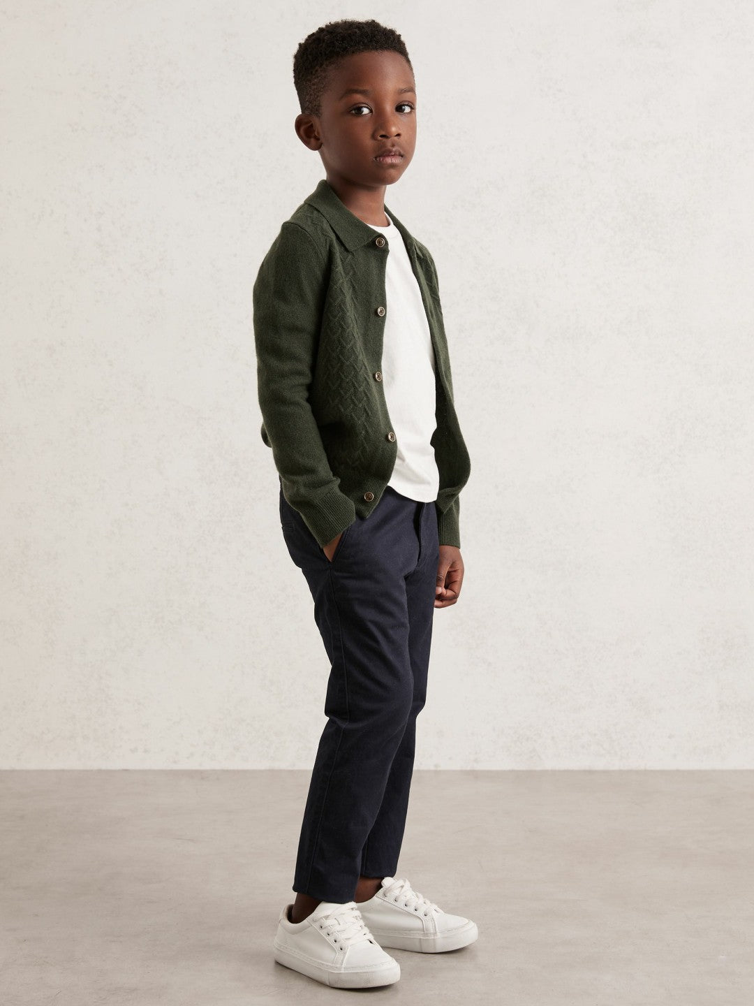 Reiss 3-9 yrs Wool V-Stitch Button-Through Cardigan in Forest Green