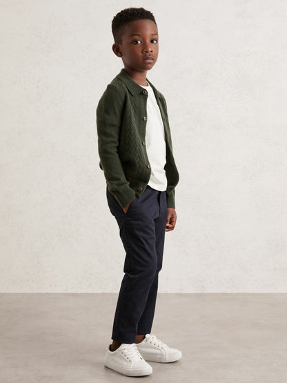 Reiss 3-9 yrs Wool V-Stitch Button-Through Cardigan in Forest Green