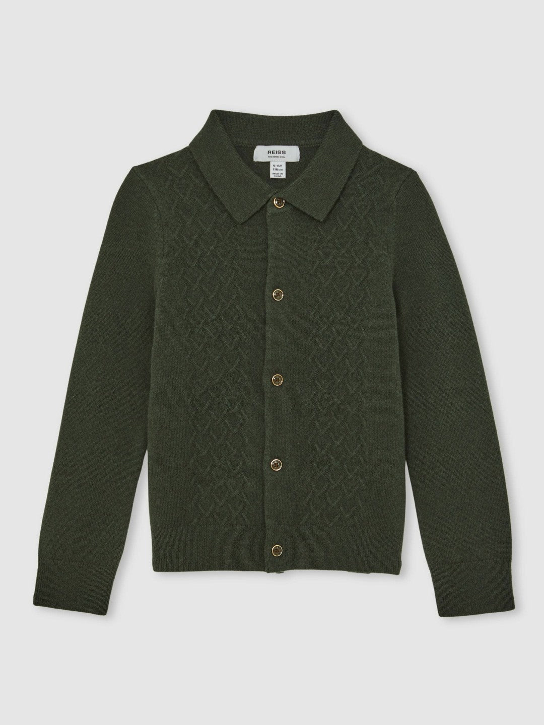 Reiss 3-9 yrs Wool V-Stitch Button-Through Cardigan in Forest Green