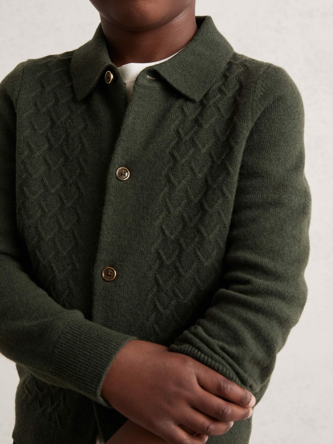 Reiss 3-9 yrs Wool V-Stitch Button-Through Cardigan in Forest Green