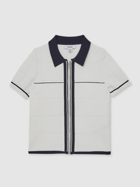 Reiss 13-14 yrs Tipped Knit Zip-Through Shirt in White/Navy