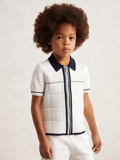 Reiss 9-13 yrs Tipped Knit Zip-Through Shirt in White/Navy