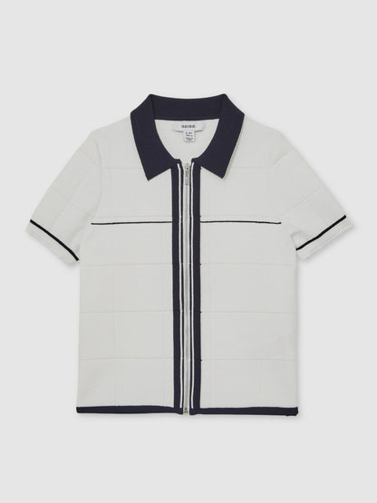 Reiss 9-13 yrs Tipped Knit Zip-Through Shirt in White/Navy