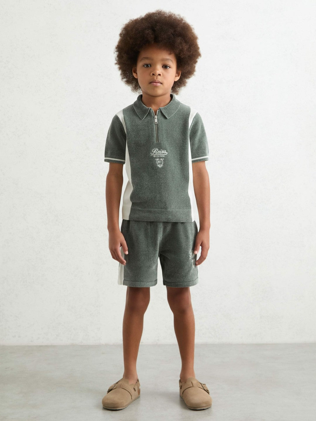 Reiss 3-9 yrs Chenille Tipped Motor Cars Shorts in Dark Sage Green/White