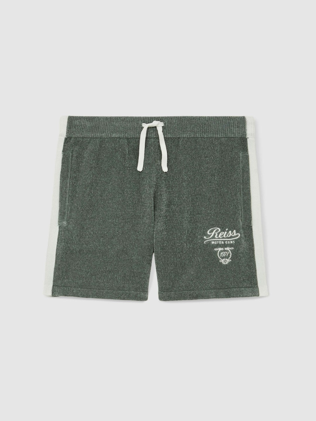 Reiss 3-9 yrs Chenille Tipped Motor Cars Shorts in Dark Sage Green/White