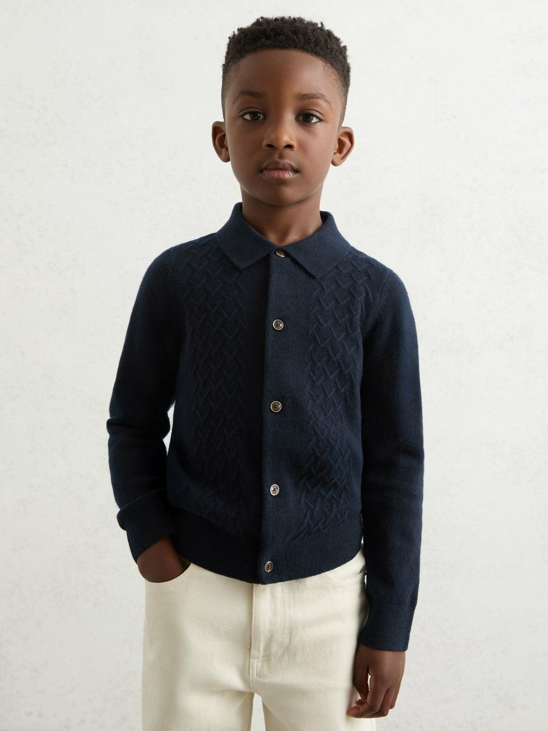 Reiss 3-9 yrs Wool V-Stitch Button-Through Cardigan in Navy Blue