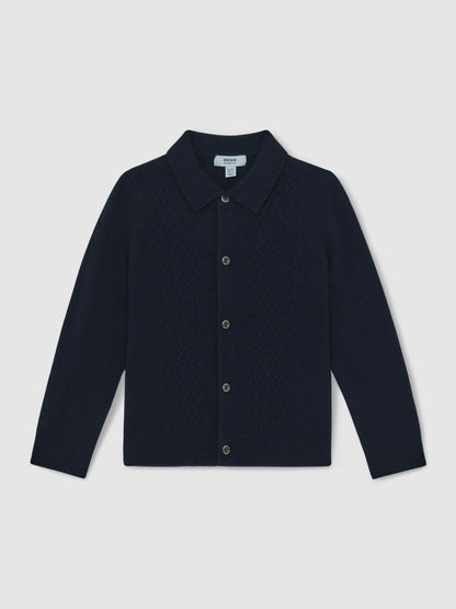 Reiss 3-9 yrs Wool V-Stitch Button-Through Cardigan in Navy Blue